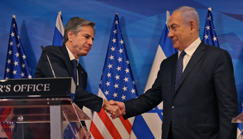 Israeli Prime Minister Benjamin Netanyahu greets US Secretary of State Tony Blinken, May 25 (MENAHEM KAHANA/UPI/Shutterstock)