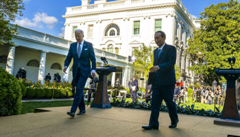 US President Joe Biden and Japanese Prime Minister Yoshihide Suga leave after a joint press conference in the Rose Garden of the White House, 16 April (Doug Mills/UPI/Shutterstock)