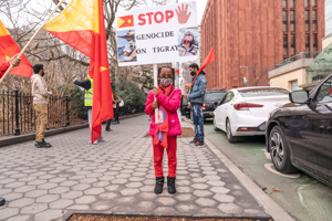 Protesters with Tigray flags and posters rally in New York’s Washington Square to protest Ethiopian government violence against civilians, March 26, 2021 (Lev Radin/Pacific Press/Shutterstock)