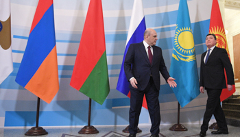 Russian Prime Minister Mikhail Mishustin (L) with his Kazakh counterpart Askar Mamin at a Eurasian bloc meeting, April 2021 (Kommersant Photo Agency/Shutterstock)