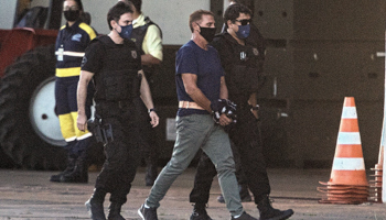The Italian mobster Rocco Morabito is transferred to the Federal Police hangar in Brasilia, Brazil, May 25 (Joedson Alves/EPA-EFE/Shutterstock)