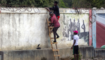 Haitians climb a ladder propped against a wall as they try to cross illegally into the Dominican Republic (Dieu Nalio Chery/AP/Shutterstock)