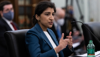 Lina Khan during her Senate FTC nomination hearing on Capitol Hill, in Washington, DC, USA, 21 April 2021. (Graeme Jennings/POOL/EPA-EFE/Shutterstock)