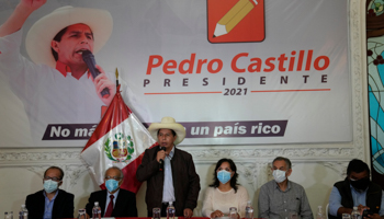 Pedro Castillo speaking at a press conference in Lima (Martin Mejia/AP/Shutterstock)