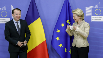 Romanian Prime Minister Florin Citu is welcomed by European Commission President Ursula von der Leyen to a meeting at the Commission building, Brussels, May 11 (Olivier Hoslet/AP/Shutterstock)