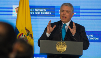President Ivan Duque speaks at a press conference in Bogota. June 29 (Sebastian Barros/NurPhoto/Shutterstock)