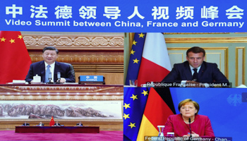 Chinese President Xi Jinping, French President Emmanuel Macron and German Chancellor Angela Merkel (Chine nouvelle/SIPA/Shutterstock)