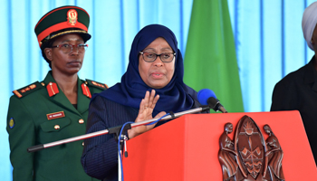 Tanzanian President Samia Suluhu Hassan (front) delivers a speech in Dodoma, capital of Tanzania, on March 31(Xinhua/Shutterstock)