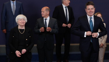 United States Secretary of the Treasury Janet Yellen (L), German Finance Minister and Vice Chancellor Olaf Scholz (C) and Eurogroup President and Irish Finance Minister Paschal Donohoe (R) (Stephanie Lecocq/EPA-EFE/Shutterstock)