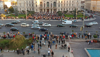 Protesters gather outside City Hall after Mayor Zsolt Borkai, running for re-election with Fidesz support, became implicated in a sex and corruption scandal, Gyor, October 12, 2019(Csaba Krizsan/EPA-EFE/Shutterstock)