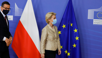 European Commission President Ursula von der Leyen welcomes Polish Prime Minister Mateusz Morawiecki to a bilateral meeting, as Poland’s Constitutional Tribunal adjourns the hearing set for that day on whether Polish law takes precedence over EU treaties, Brussels, July 13 (Pascal Rossignol/AP/Shutterstock)