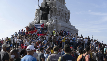 Anti-government protesters gather at the Maximo Gomez monument in Havana. July 11, 2021 (Eliana Aponte/AP/Shutterstock)