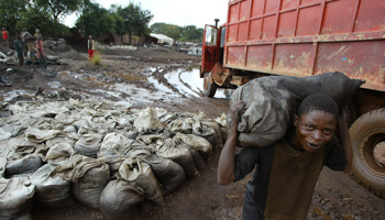 A man carries wet Cobalt on his back at the Shinkolobwe Cobalt mine, Democratic Republic of Congo (Schalk Van Zuydam/AP/Shutterstock)