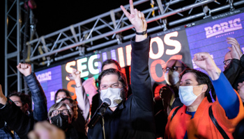 Gabriel Boric (centre) greets supporters after his primary win over Communist Daniel Jadue (Felipe Figueroa/SOPA Images/Shutterstock)