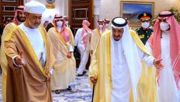 Sultan Haitham of Oman visits Saudi King Salman, July 2021 (Bandar Aljaloud/AP/Shutterstock)