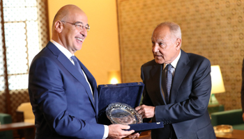 Arab League Secretary-General Ahmed Aboul-Gheit (R) and Greek Foreign Minister Nikos Dendias (L) at a press conference after their meeting in Cairo, July 13 (Khaled Elfiqi/EPA-EFE/Shutterstock)