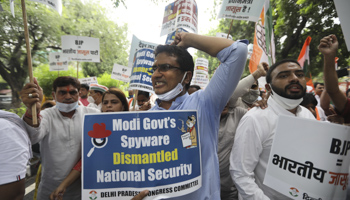 Indian Congress party workers protest against the Indian government over the Pegasus Project leaks, Delhi (Manish Swarup/AP/Shutterstock)