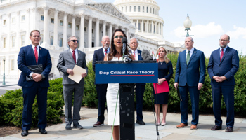 U.S. Representative Lauren Boebert at a press conference calling for a ban on federal funding for the teaching of critical race theory, Washington DC, May 12, 2021 (Michael Brochstein/SOPA Images/Shutterstock)