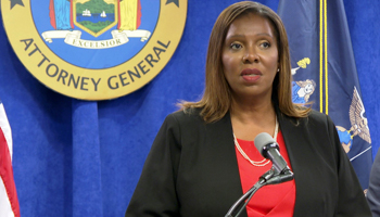 New York State Attorney General Letitia James speaks at the release of a report which found that Governor Andrew Cuomo sexually harassed multiple women, New York, August 3 (Ted Shaffrey/AP/Shutterstock)