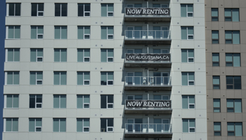 Advertisement for renters on a modern apartment building in the centre of Edmonton, Alberta, August 9, 2021. (Artur Widak/NurPhoto/Shutterstock)