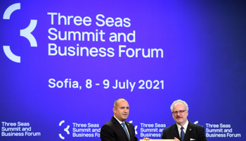 Bulgarian President Rumen Radev (L) formally hands over to Latvian President Egils Levits (R) the presidency of the Three Seas Initiative, Sofia, July 9 (Vassil Donev/EPA-EFE/Shutterstock)