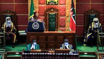 Tanzanian President Samia Suluhu Hassan addresses Kenya's parliament, May 5