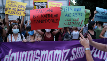 Women protest in support of the Istanbul Convention, aimed at preventing violence against women, Istanbul, August 20 (Ilker Eray/GocherImagery/Shutterstock)
