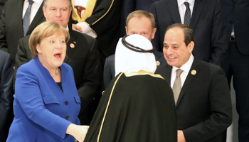 Egypt’s President Abdel Fatah el-Sisi with German Chancellor Angela Merkel and Kuwaiti Prince Sabah al-Ahmad al-Sabah, 2019 (KHALED ELFIQI/EPA-EFE/Shutterstock)