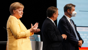 German Chancellor Angela Merkel and CDU leader and candidate for chancellor, Armin Laschet (Action Press/Shutterstock)