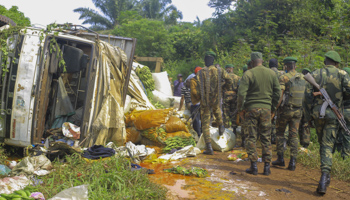 Congolese soldiers at the scene of an attack on a convoy near Oicha, July 23 (Al-hadji Kudra Maliro/AP/Shutterstock)