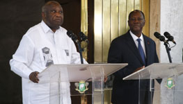 Ivorian President Alassane Ouattara and former President Laurent Gbagbo meeting, Abidjan, Ivory Coast (Legnan Koula/EPA-EFE/Shutterstock)