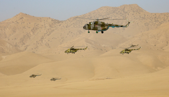 Russian military helicopters on exercise in Tajikistan near the Afghan border, August 10 (Didor Sadulloev/AP/Shutterstock)