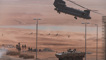 An Emirati military helicopter takes off during an exercise at a UAE base, March 2020 (Jon Gambrell/AP/Shutterstock)