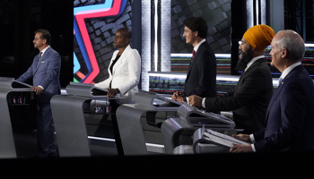 Party leaders pictured during a televised debate, September 9 (Canadian Press/Shutterstock)