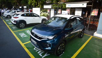 A public electric vehicle charging plaza being inaugurated in Delhi last year (Sanchit Khanna/Hindustan Times/Shutterstock)