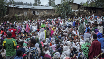 Newly displaced persons from Amhara queue for aid distributions, August 27 (Mulugeta Ayene/AP/Shutterstock)