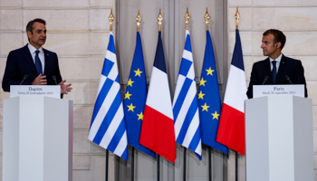 Greek Prime Minister Kyriakos Mitsotakis (L) and French President Emmanuel Macron at the signing ceremony of their new defence deal at The Elysee Palace in Paris, September 28 (Ludovic Marin/POOL/EPA-EFE/Shutterstock)