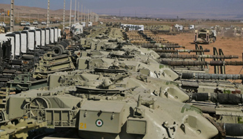 Mobarez (Chieftain) tanks line up for Iranian wargames near Azerbaijan, October 2021 (Iranian Army Office/ZUMA Press Wire/Shutterstock)