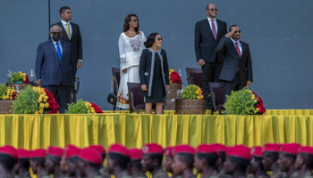 Prime Minister Abiy Ahmed salutes a military parade during his inauguration ceremony, October 4 (Mulugeta Ayene/AP/Shutterstock)