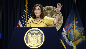 New York Governor Kathy Hochul speaking in Manhattan, October 13 (John Lamparski/NurPhoto/Shutterstock)