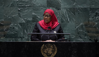 Tanzanian President Samia Suluhu Hassan speaks at the United Nations General Assembly (Timothy A Clary/UPI/Shutterstock)