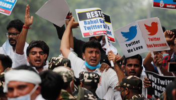 Youth party workers of India's Congress party outside Twitter's office in Delhi, India, August 2021 (Manish Swarup/AP/Shutterstock)