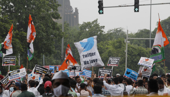 Opposition Congress party workers protest outside Twitter's office in Delhi, India, August 9, 2021 (Manish Swarup/AP/Shutterstock)
