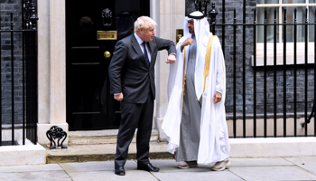 UK Prime Minister Boris Johnson greets Abu Dhabi Crown Prince and de facto ruler of the UAE, Mohammed bin Zayed Al Nahyan, London, September 16 (James Veysey/Shutterstock)