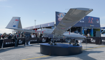 Turkish-made Bayraktar TB2 drone on display at the Technofest aerospace and technology show, Istanbul, September 24 (Alba Cambeiro/SOPA Images/Shutterstock)