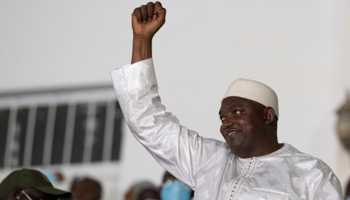 Gambian President Adama Barrow celebrates the announcement of his re-election (Leo Correa/AP/Shutterstock)