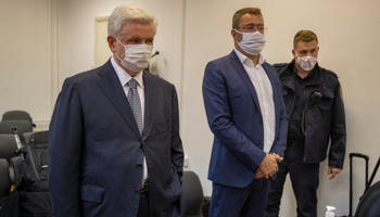 Tycoon Ivica Todoric (L) in the Zagreb county court which acquitted him of syphoning money from his Agrokor firm, Zagreb, October 7 (Darko Bandic/AP/Shutterstock). (Darko Bandic/AP/Shutterstock)