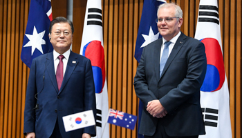 South Korean President Moon Jae-in (left) and Australian Prime Minister Scott Morrison (Lukas Coch/EPA-EFE/Shutterstock)