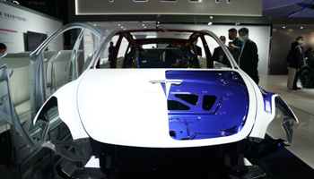 Tesla exhibition at the 2021 China International Import Expo in Shanghai (Xinhua/Shutterstock)