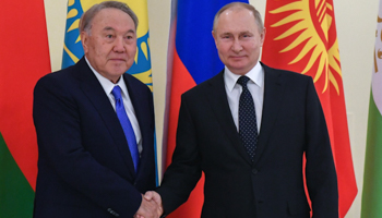 Kazakhstan's former president, Nursultan Nazarbayev, meets Russian President Vladimir Putin in St. Petersburg, December 28 (Evgeny Biyatov/Sputnik/Kremlin Pool/EPA-EFE/Shutterstock)
